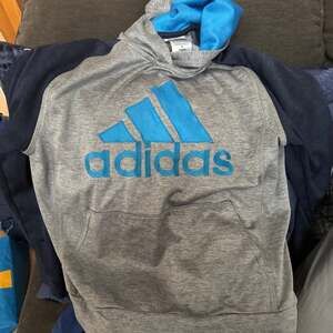 Adidas Fusion Raglan Hoodie Boys M (10/12) Pullover Gray Navy-Blue Logo